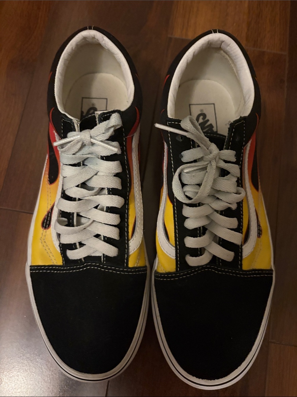 Vans Low-Top Sneakers in Black, Yellow & Red Flame Design